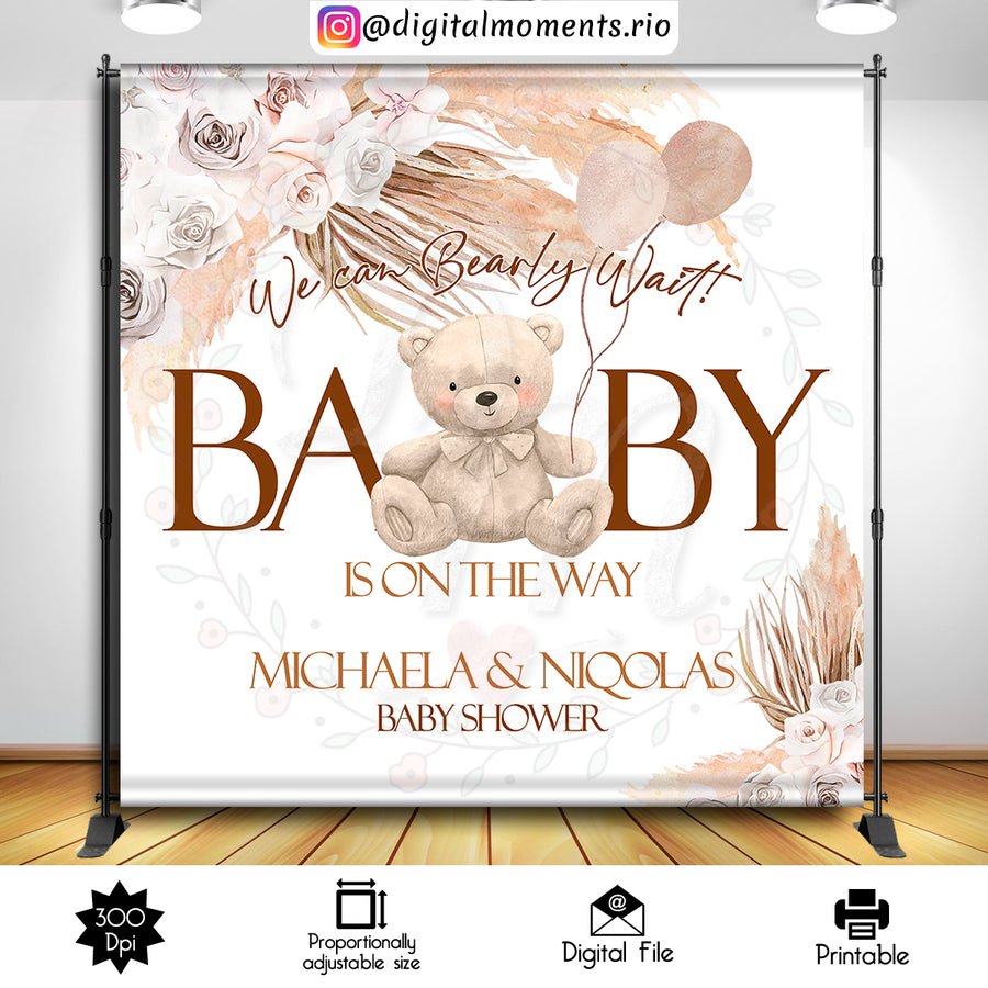 Boho Bear 8x8 custom backdrop, Digital file only | Custom Digital Download for Kids Party or Event