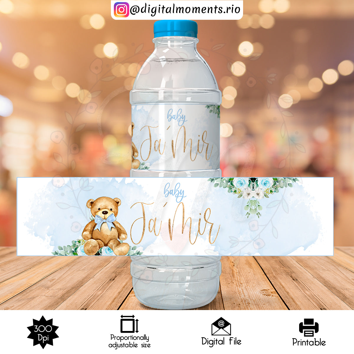 Teddy Bear Custom Water Bottle Label, Digital file only