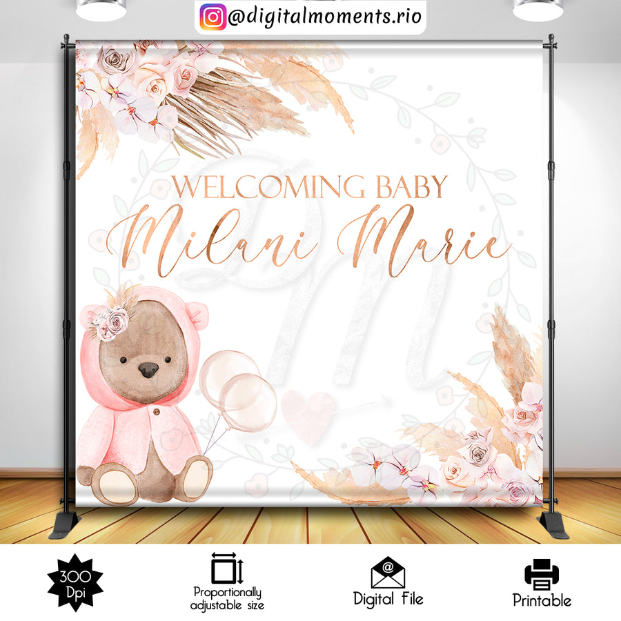 Boho Bear 8x8 custom backdrop, Digital file only | Custom Digital Download for Kids Party or Event
