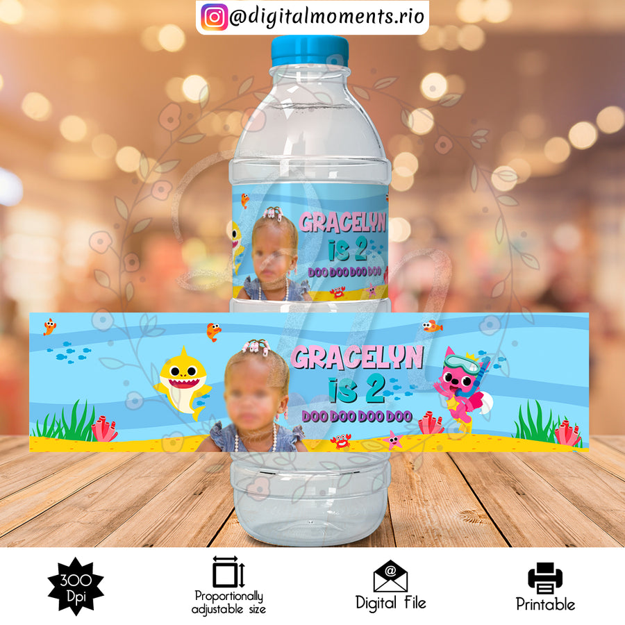 Baby Shark Custom Water Bottle Label With Picture, Digital file only | Custom Digital Download for Kids Party or Event