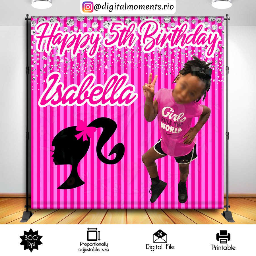 Barbie Birthday 8x8 Custom Backdrop with picture, Digital file only | Custom Digital Download for Kids Party or Event