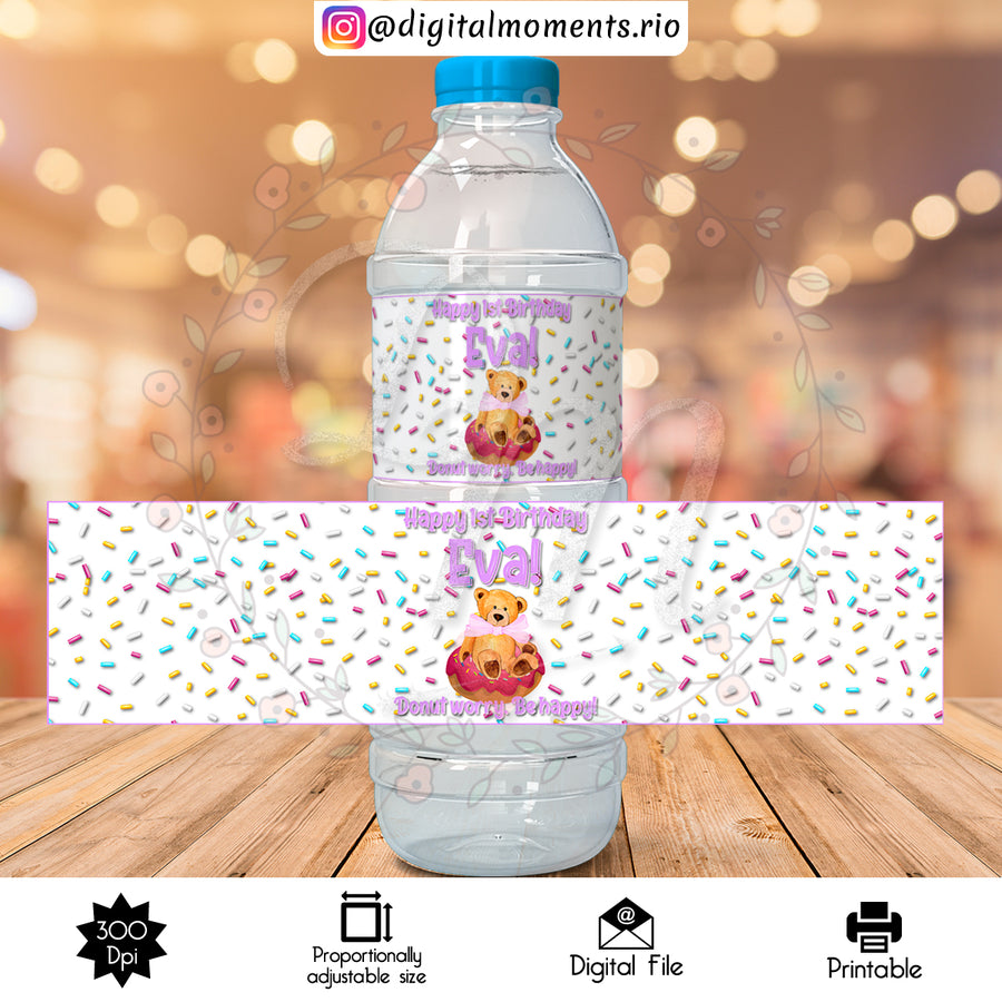 Teddy Bear / Donut Custom Water Bottle Label, Digital file only | Custom Digital Download for Kids Party or Event