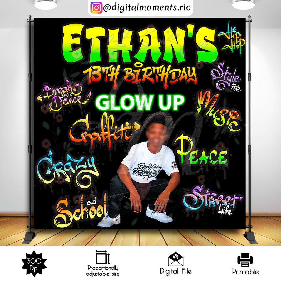 Graffity Glow Up 8x8 Custom Backdrop with 1 picture, Digital file only | Custom Digital Download for Kids Party or Event