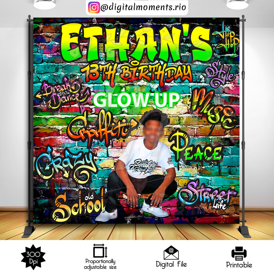 Graffity Glow Up 8x8 Custom Backdrop with 1 picture, Digital file only | Custom Digital Download for Kids Party or Event