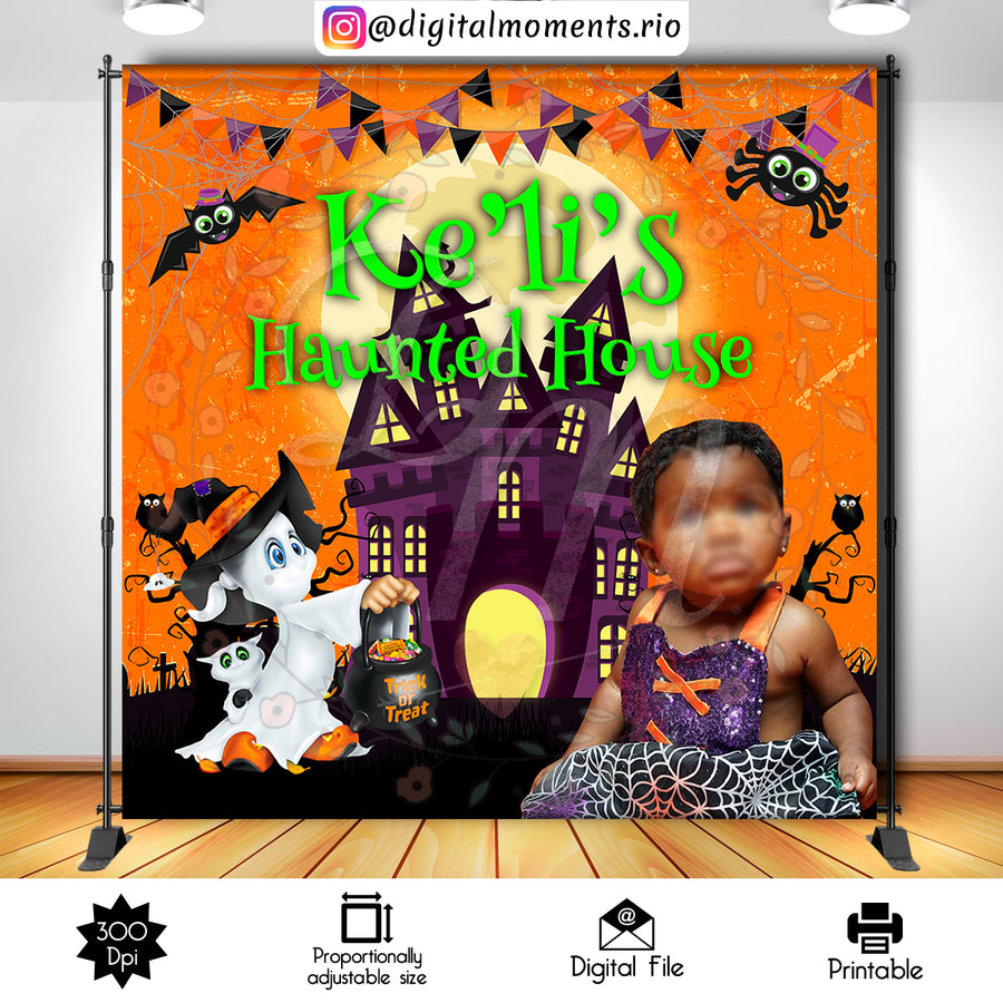 Haunted House 8x8 Custom Backdrop with picture, Digital file only | Custom Digital Download for Kids Party or Event