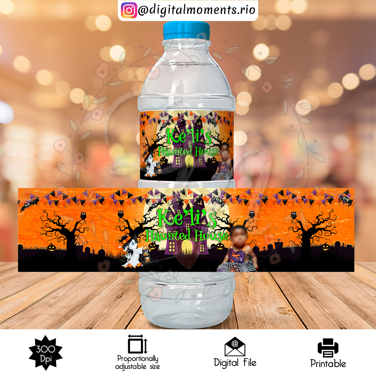 Halloween Custom Water Bottle Label With Picture, Digital file only