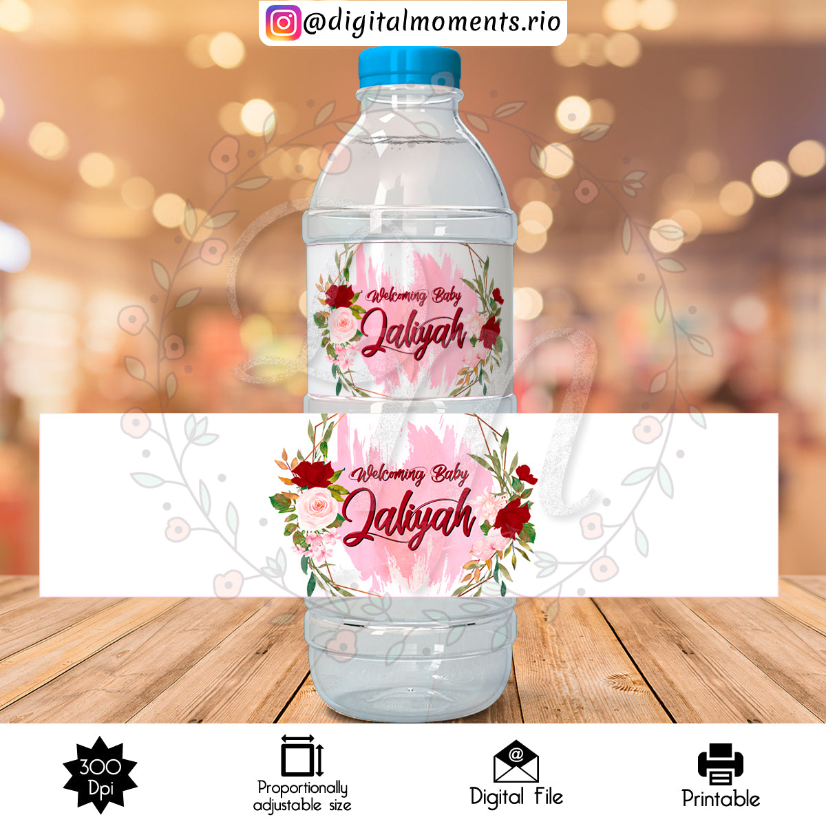 Etiqueta de botella de agua personalizada floral, solo archivo digital