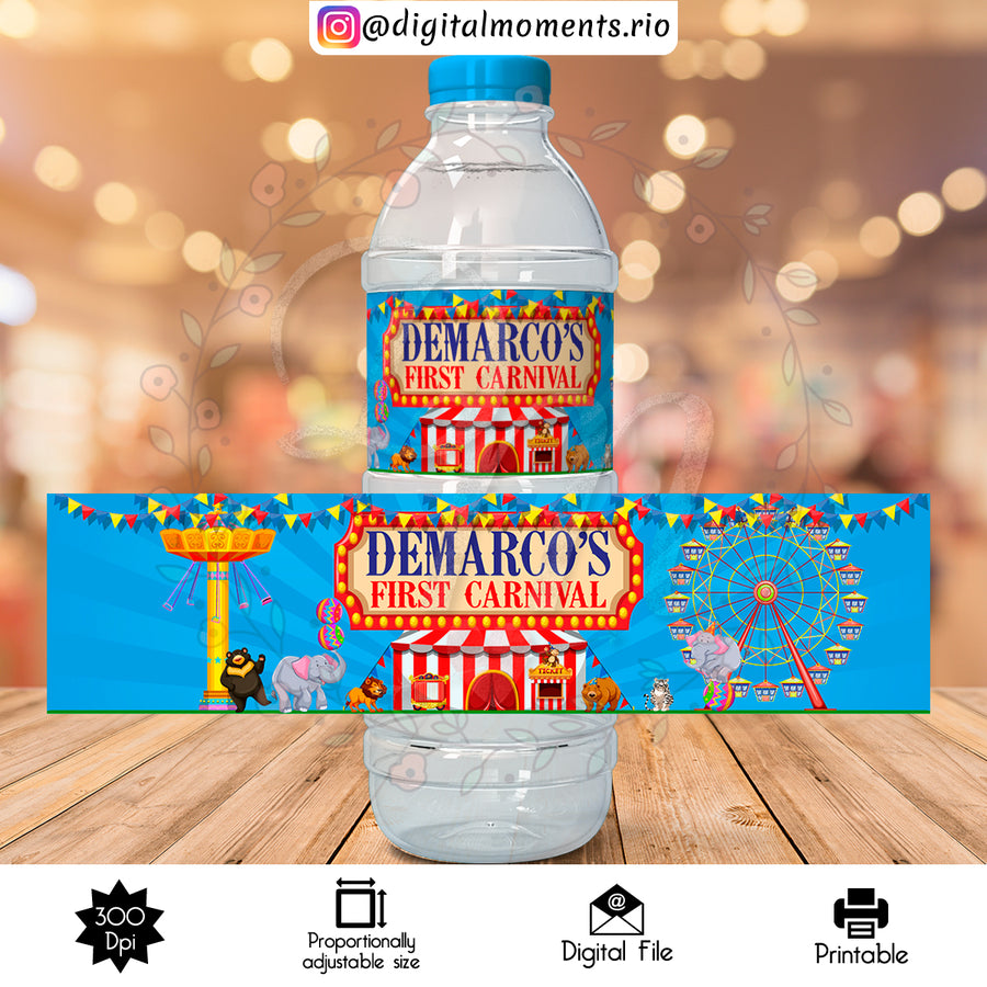 Carnival Custom Water Bottle Label, Digital file only | Custom Digital Download for Kids Party or Event