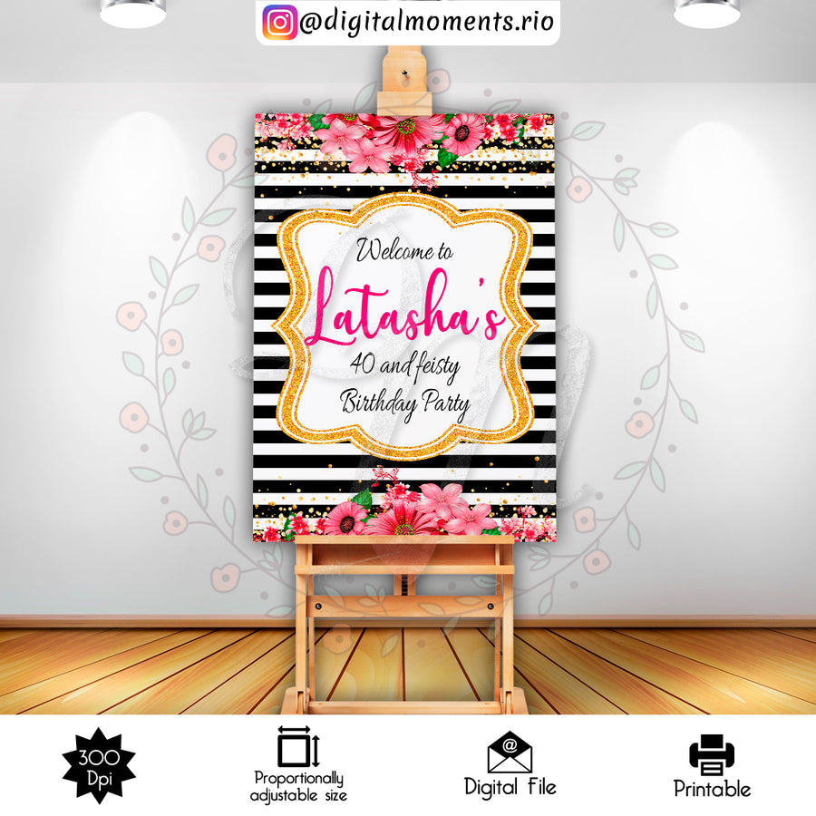 Floral, Black and White 2x3 Custom sign, Digital file only | Custom Digital Download for Kids Party or Event