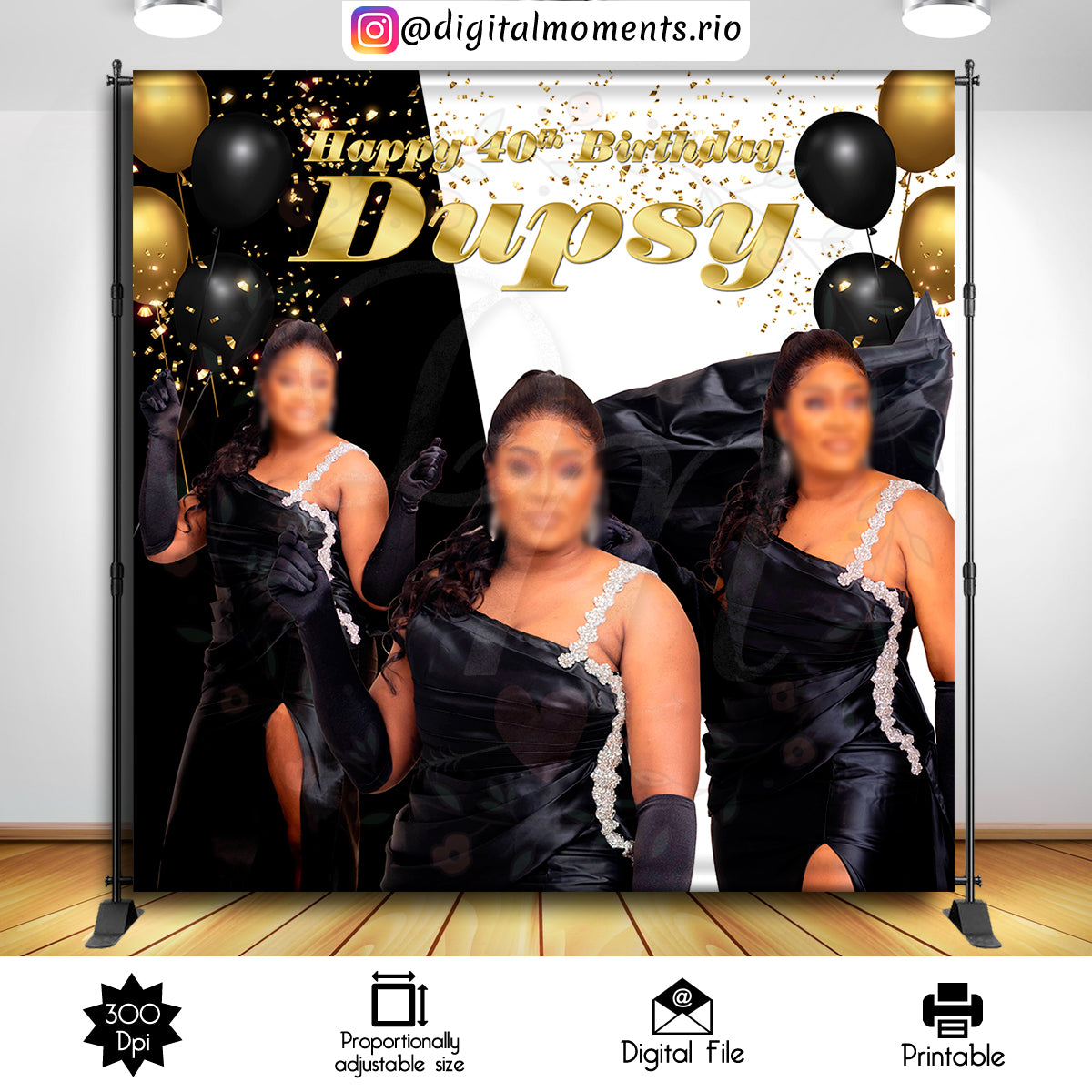 Glam Birthday 8x8 Custom Backdrop with 3 pictures, Digital file only