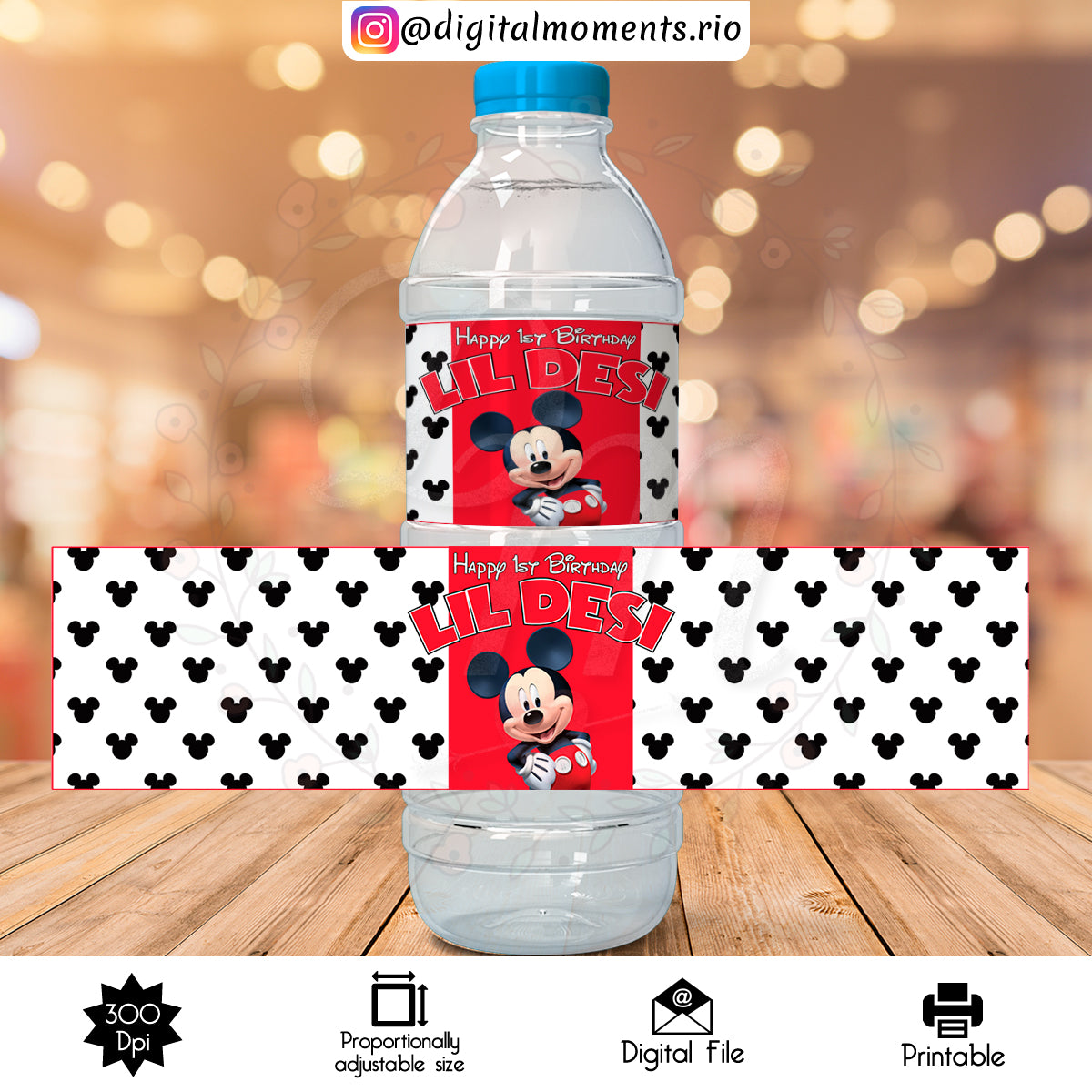 Etiqueta de botella de agua personalizada de Mickey Mouse, solo archivo digital