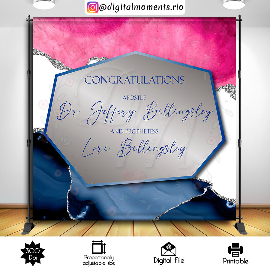 Blue, Pink and Silver Marble 8x8 custom backdrop, Digital file only | Custom Digital Download for Kids Party or Event
