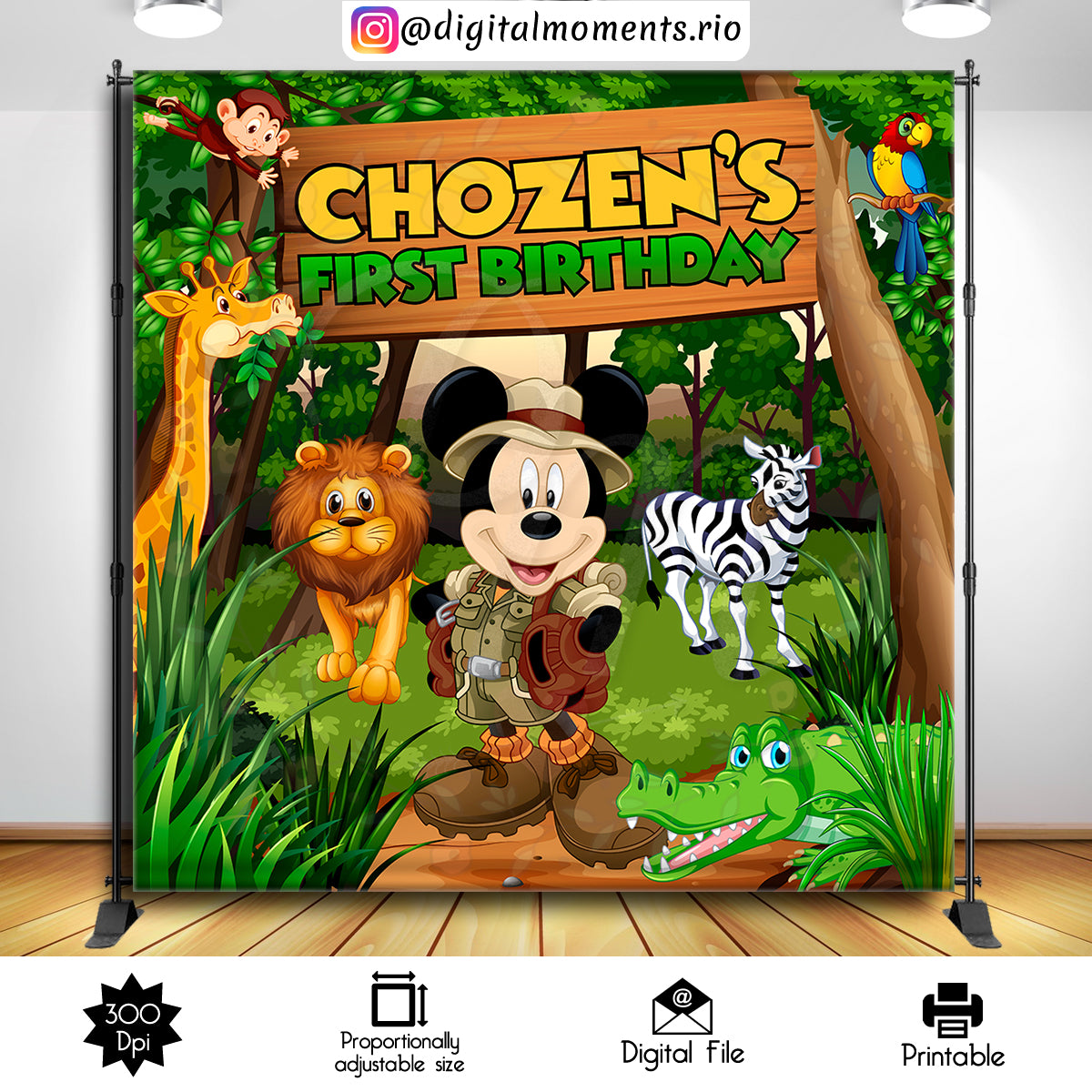 Mickey Mouse Safari 8x8 Fondo personalizado, solo archivo digital