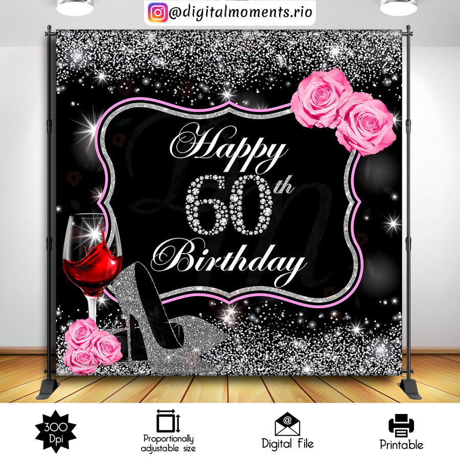 Pink Roses, Black and White 8x8 Custom Backdrop, DIGITAL FILE ONLY | Custom Digital Download for Kids Party or Event