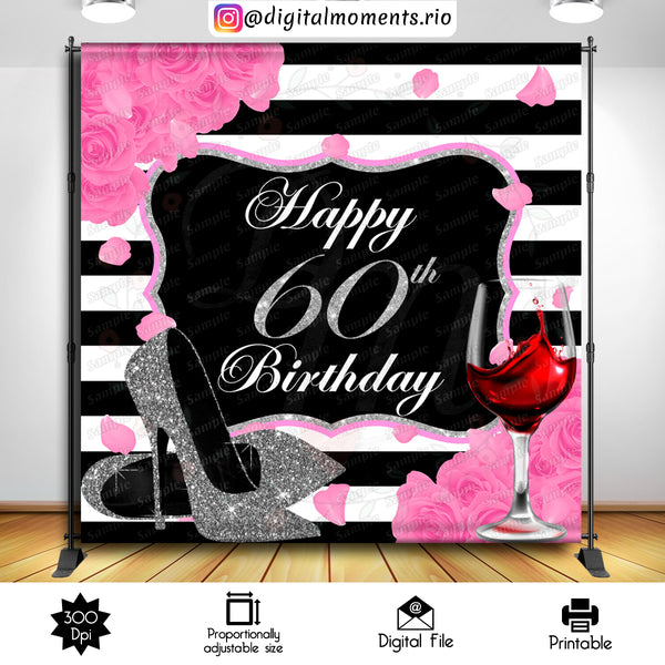 Pink Roses, Black and White 8x8 Custom Backdrop, DIGITAL FILE ONLY | Custom Digital Download for Kids Party or Event