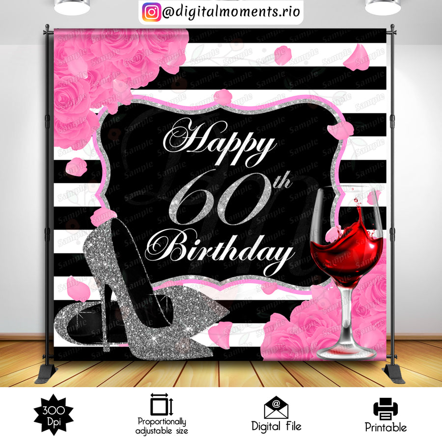 Pink Roses, Black and White 8x8 Custom Backdrop, DIGITAL FILE ONLY | Custom Digital Download for Kids Party or Event