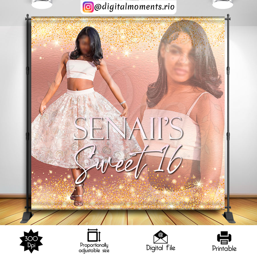 Sweet Sixteen 8x8 Custom Backdrop with 2 pictures, Digital file only | Custom Digital Download for Kids Party or Event