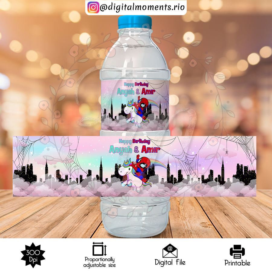 Unicorn Spider-Man Custom Water Bottle Label, Digital file only | Custom Digital Download for Kids Party or Event