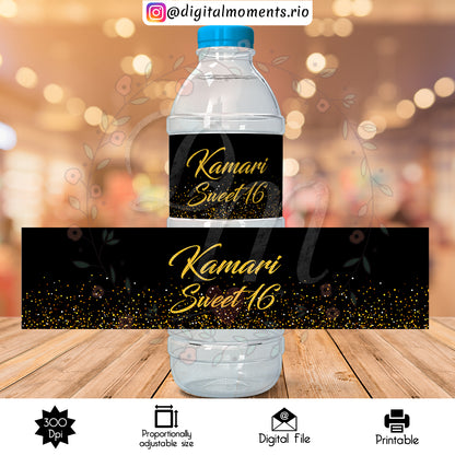 Sweet 16 Label 3_35x2_08, events, bottle, custom, label, water, gold, black