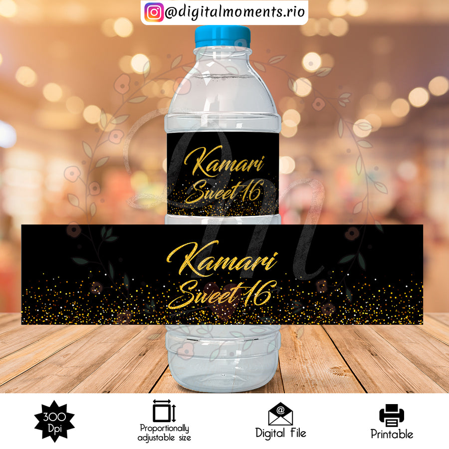 Black and Gold Custom Water Bottle Label, Digital file only | Custom Digital Download for Kids Party or Event