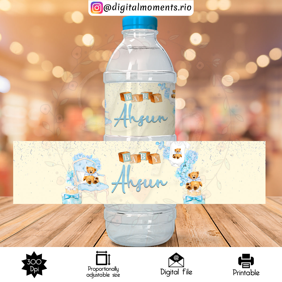 Teddy Bear Custom Water Bottle Label, Digital file only