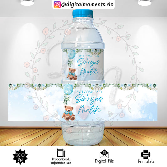 Etiqueta de botella de agua personalizada de oso de peluche, solo archivo digital