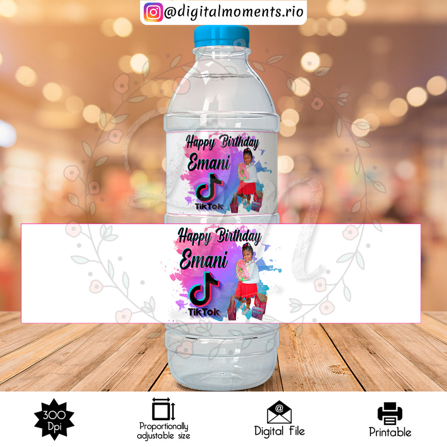 TikTok Custom Water Bottle Label With Picture, Digital file only | Custom Digital Download for Kids Party or Event
