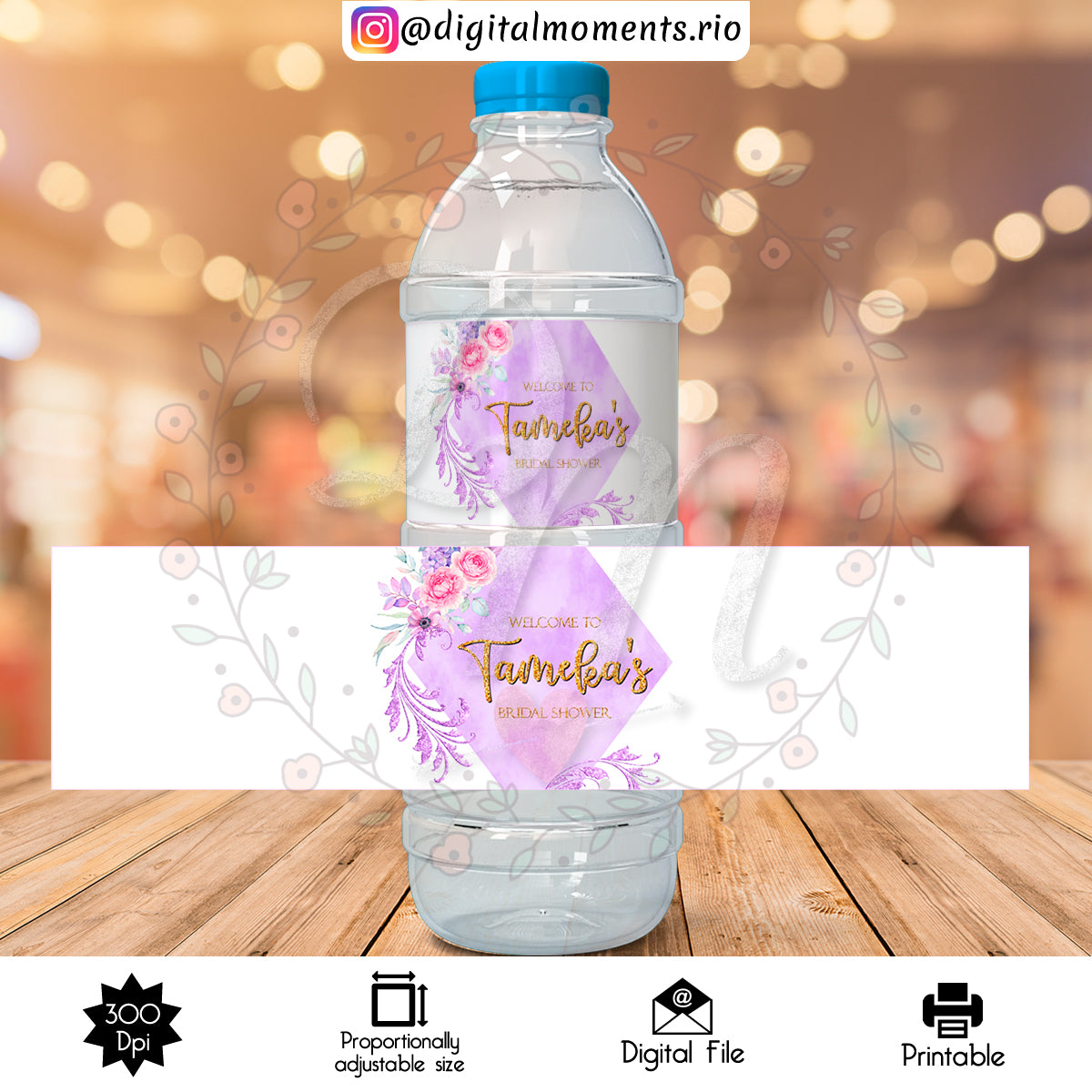 Etiqueta de botella de agua personalizada floral, solo archivo digital