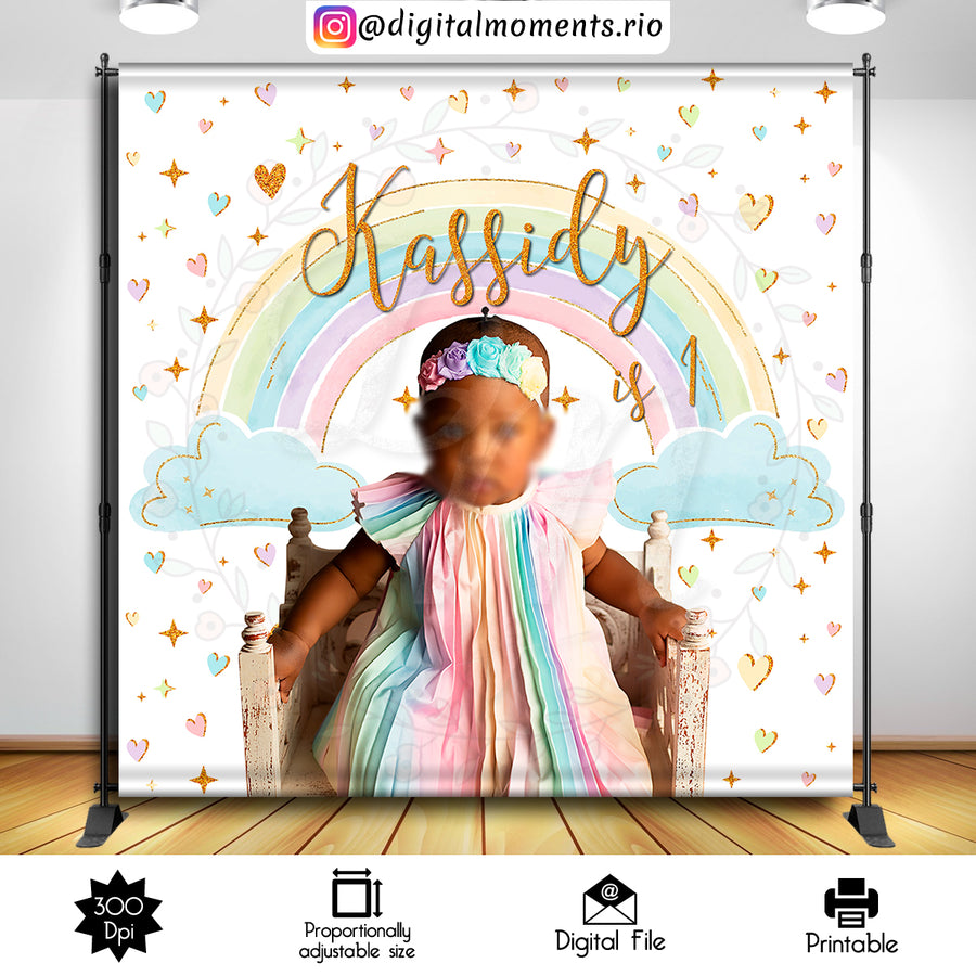 Pastel Rainbow Birthday 8x8 Custom Backdrop with picture, Digital file only | Custom Digital Download for Kids Party or Event