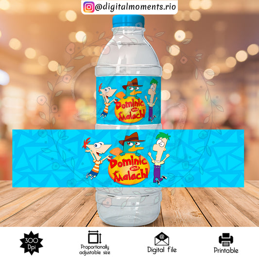 Etiqueta de botella de agua personalizada de Phineas y Ferb, solo archivo digital