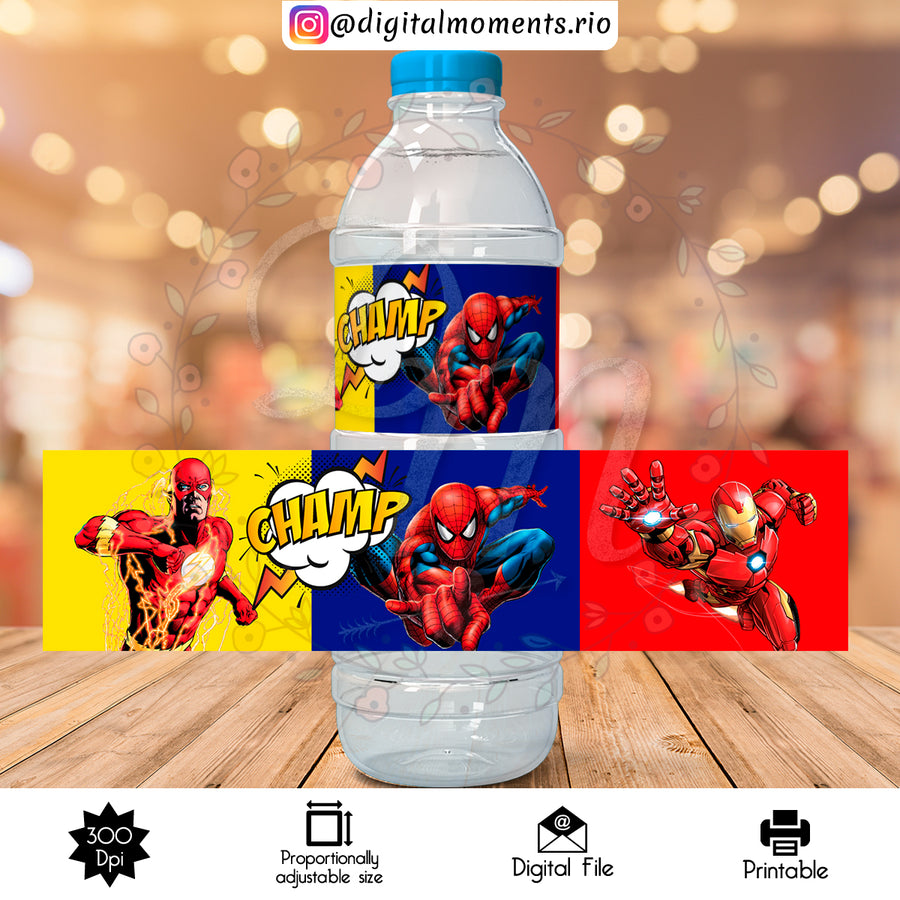 Heroes Custom Water Bottle Label, Digital file only | Custom Digital Download for Kids Party or Event