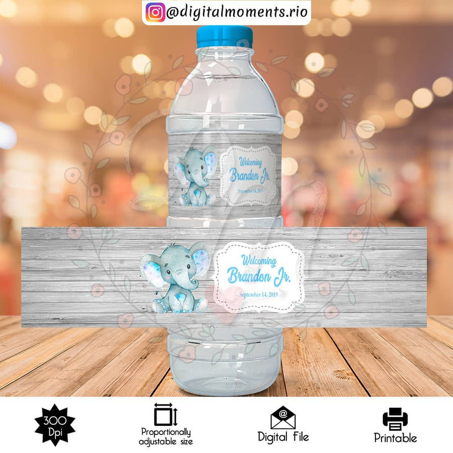 Baby Elephant Custom Water Bottle Label, Digital file only | Custom Digital Download for Kids Party or Event