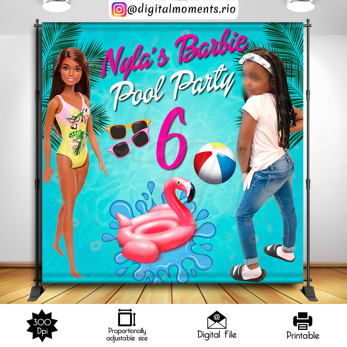 Barbie Pool Party Cumpleaños 8x8 Fondo personalizado con imagen, solo archivo digital