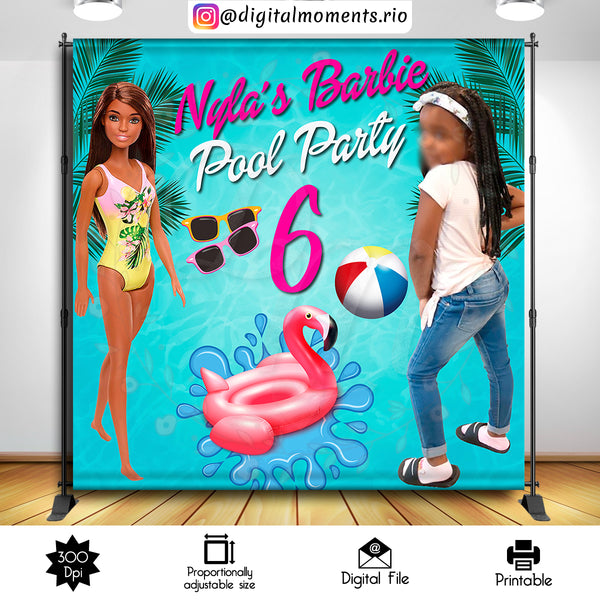 Barbie Pool Party Birthday 8x8 Custom Backdrop with picture, Custom Digital File | Digital Download for Events for Events. 8x8, arts, backdr…