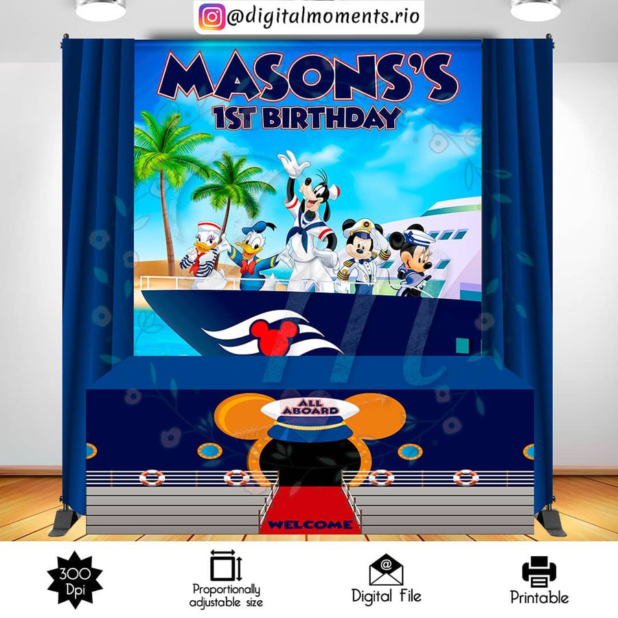 Mickey Cruise 6x6 Custom backdrop and 10x3 Table Skirt, Digital file only | Custom Digital Download for Kids Party or Event