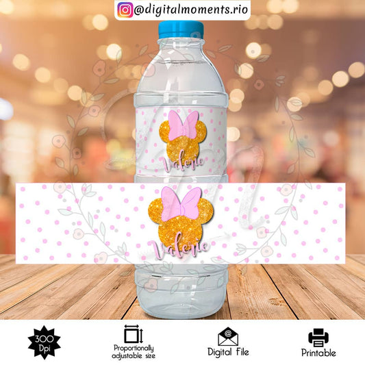 Etiqueta de botella de agua personalizada de Minnie Mouse, solo archivo digital